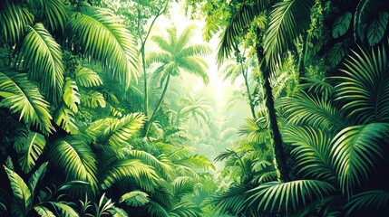 A breathtaking panorama of a vibrant jungle teeming with life.