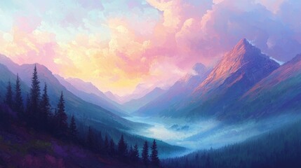 The vibrant colors of dawn over a serene mountain landscape.