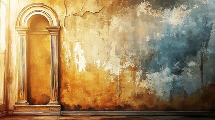 A glimpse into history with a Renaissance-inspired wall illustration.