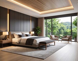 Fototapeta premium Modern bedroom with nature view
