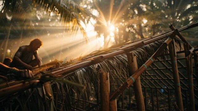 medium shot of indigenous builders constructing a thatched roof hut in Southeast Asia, golden sunlight streaming through palm leaves, authentic expressions, cinematic storytelling style