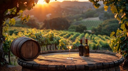 Sunny vineyard view. Wine barrel table with glass and bottles framed by tree foliage at sunset