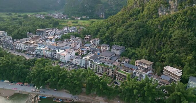 Aerial view of riverside homes at the Li river in Xingping ancient town, China