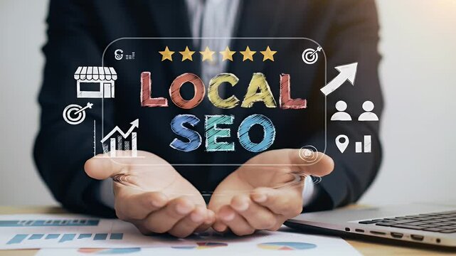 Man Presenting Local Seo Strategies with Star Ratings and Business Icons on Table with Laptop Computer and Marketing Data Charts
