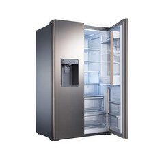 Modern stainless steel side by side refrigerator with open doors and interior lights isolated on transparent background