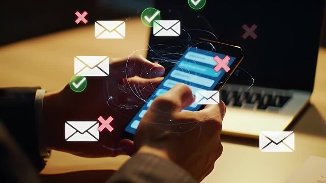Man Using Smartphone with Email Icons and Check Marks Overlayed on Wooden Desk with Laptop in the Background
