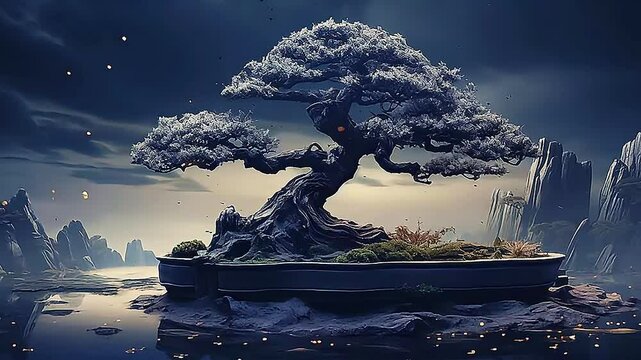 bonsai in Delfts Blauw realistis and slow,ai generative