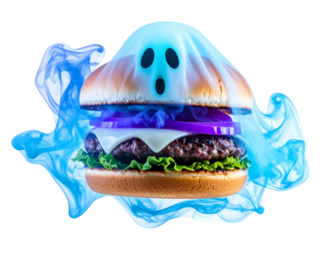 Floating Spirit Burger with Glowing Purple Aura and Smoky Trails, Fantasy-Themed Design, Isolated on Transparent Background”