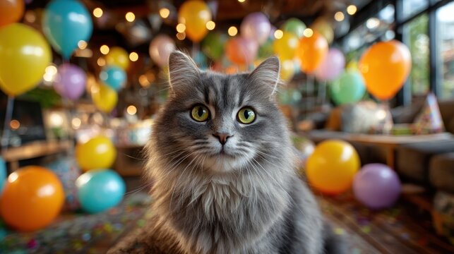 Grey cat amidst birthday party decorations