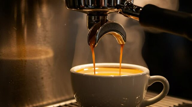 Freshly brewed coffee pouring into a white cup