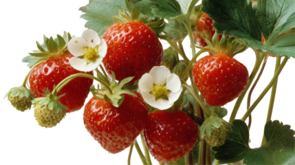 Strawberry Plant Displaying Ripe, Flowering, and Unripe Stages – Full life cycle of a strawberry plant on transparent background

