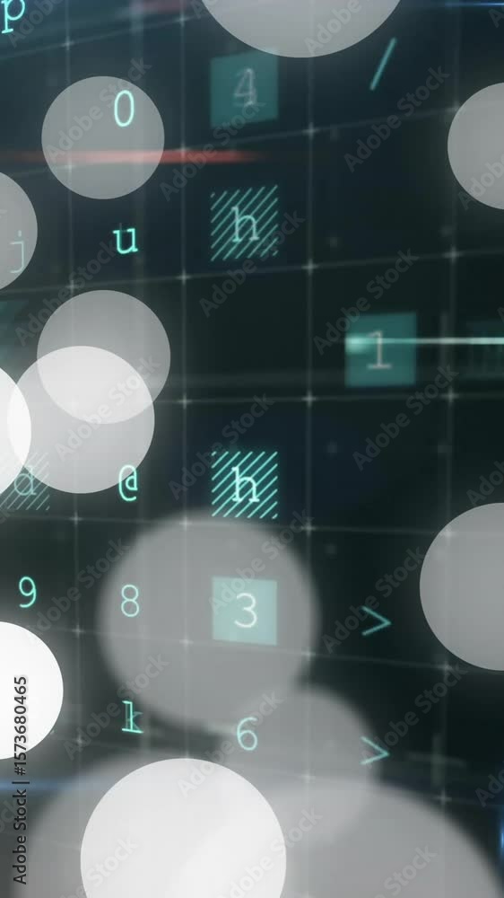 Poster floating bokeh lights animation over digital grid with letters and numbers