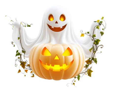 Floating Transparent Ghost in the Shape of a Pumpkin with Swirled Vine Arms and a Wicked Smile, Isolated on Transparent Background