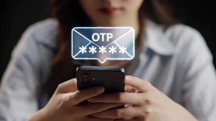 Woman Holding Phone with Otp Password Illustration Against Dark Background in Medium Shot Emphasizing Data Security and Digital Transaction Protection - Powered by Adobe