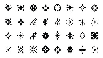 Naklejka premium Collection of thirty different black sparkle and shine icon designs arranged in a grid pattern
