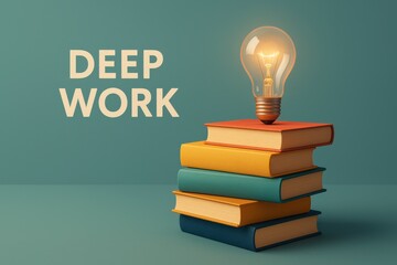 Deep Work. A Conceptual 3D Illustration With a Glowing Lightbulb on a Stack of Books, Symbolizing the Ideas and Insights Gained From Focused Concentration and Learning