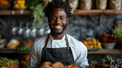 Smiling chef, dark apron, food shelves behind him, well-lit scene