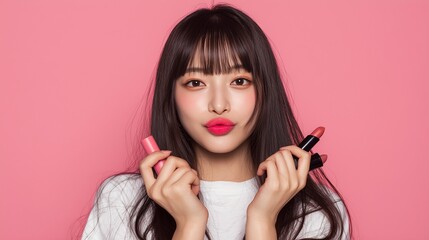 リップスティックを持った若い女の子