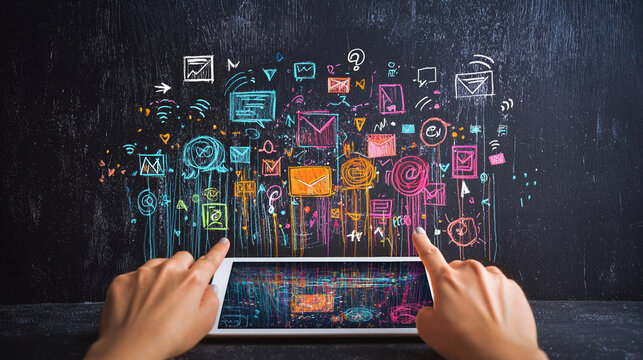 A person using an iPad to draw creative social media concepts on a blackboard-style background. 