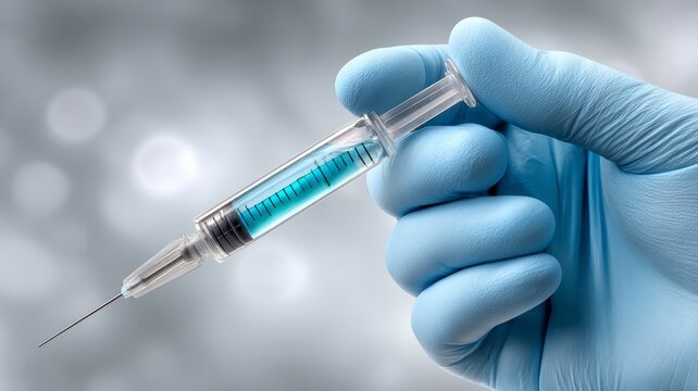 A close-up of a gloved hand holding a syringe filled with blue liquid, ready for injection, with a blurred medical background.