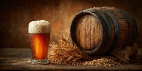 A glass of dark, frothy beer sits on a rustic wooden table beside a wooden barrel and stalks of wheat, creating a warm, traditional brewery setting.