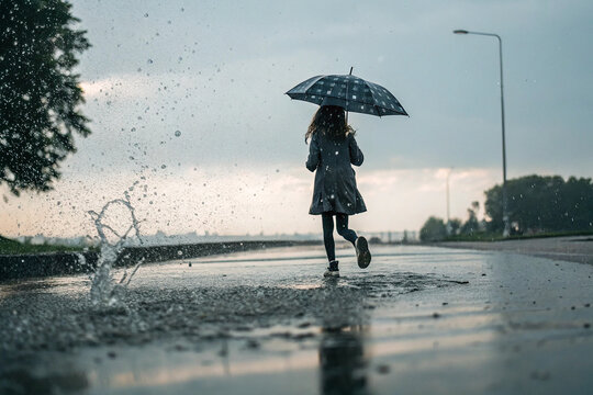  A young girl holding an umbrella walks through pouring rain and puddles, her back turned to us, with a soft glow as if the sun is about to set