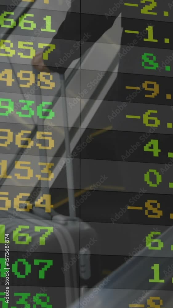 Poster stock market data animation over people using escalator in modern building