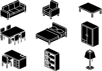 Isometric silhouettes of various home furniture items, including sofa, armchair, table, bed, wardrobe, desk, chairs, bookcase, and lamp.