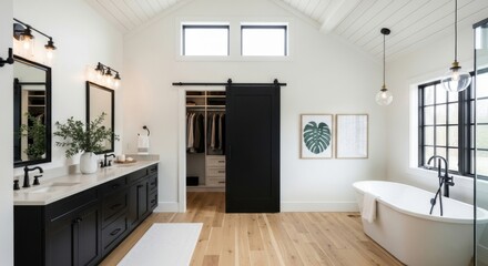 A modern bathroom interior features a bathtub, vanity, and black sliding door