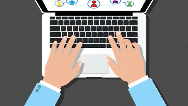 Overhead View of Hands Typing on White Laptop Keyboard on Gray Table Top with Connection Diagram with Blue Accents in Flat Vector Style