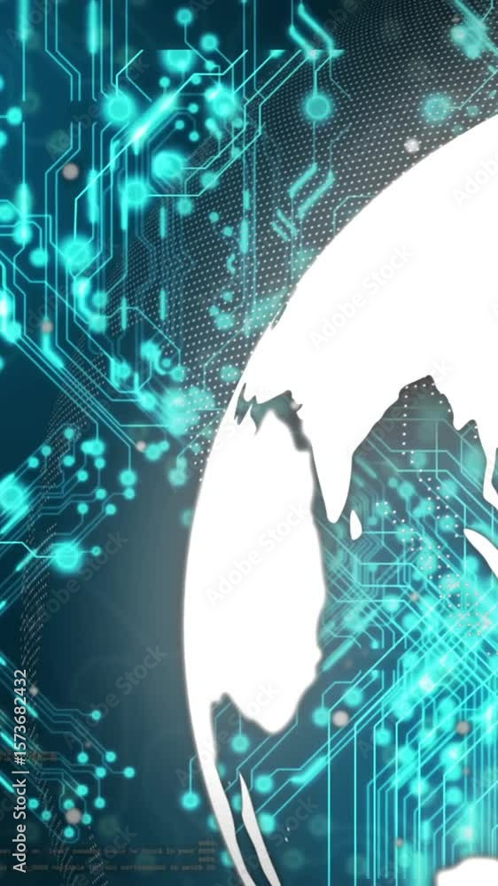 Poster digital circuit board and globe, global technology network animation