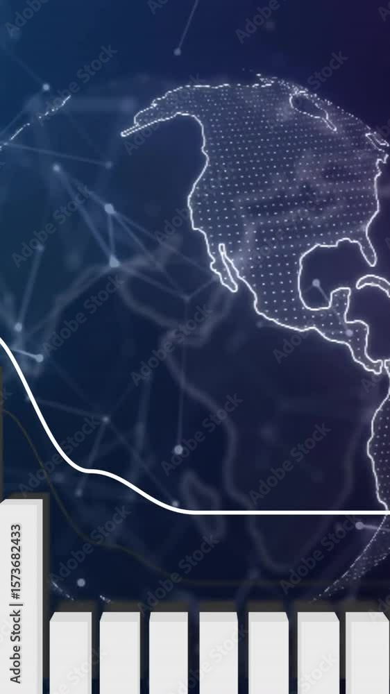 Poster bar chart and line graph animation over digital globe and network connections