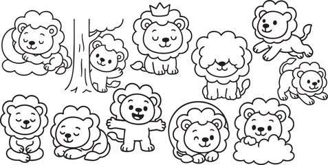 Cute Cartoon Lion Set in 4 Poses Simple Black and White Line Art for Kids Coloring Book | Generative AI