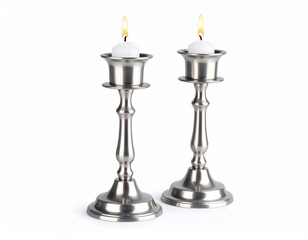 Beautiful Silver Candlesticks with Flames Isolated