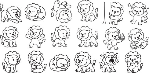 Cute Cartoon Lion Set in 4 Poses Simple Black and White Line Art for Kids Coloring Book | Generative AI