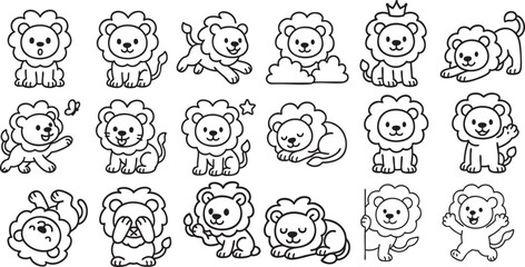 Cute Cartoon Lion Set in 4 Poses Simple Black and White Line Art for Kids Coloring Book | Generative AI
