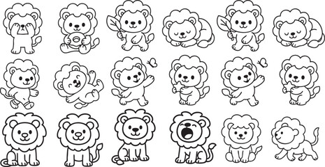 Cute Cartoon Lion Set in 4 Poses Simple Black and White Line Art for Kids Coloring Book | Generative AI