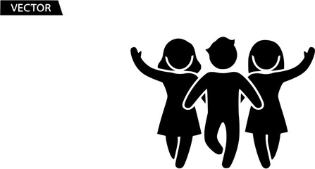 Silhouetted figures of three people celebrating with raised arms, joyful.