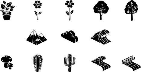 A collection of black and white vector icons depicting nature elements: plants, flowers, trees, mountains, clouds, waves, mushrooms, and cacti.