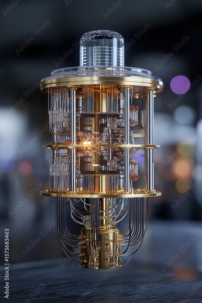 Poster futuristic quantum computer with intricate wiring and glowing components, showcasing advanced techno