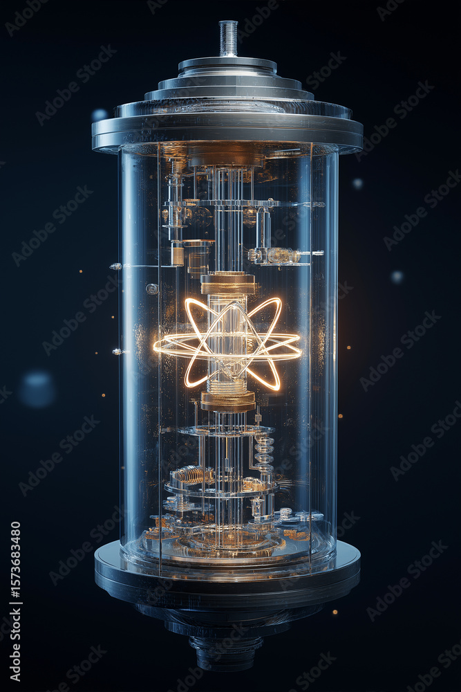 Aufkleber futuristic quantum computing core encased in transparent cylindrical container, showcasing intricate