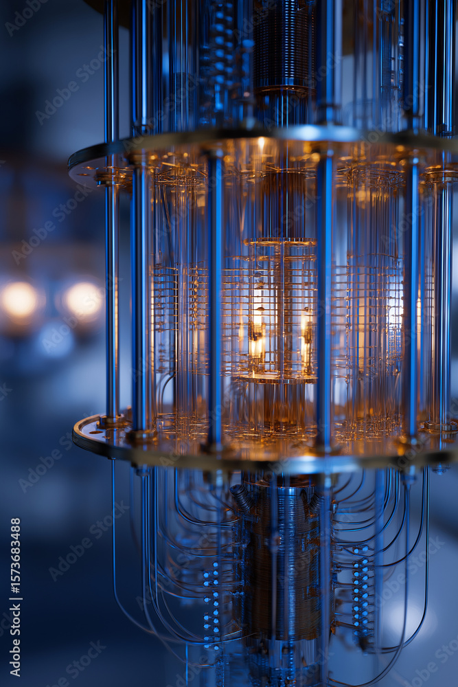 Poster futuristic quantum computer with intricate wiring and glowing elements, showcasing advanced technolo