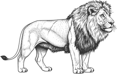 A detailed black and white line art illustration of a majestic male lion standing proudly in profile view.