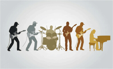 A black silhouette of a rock band performing on stage, with a guitarist, bassist, drummer, and lead singer.