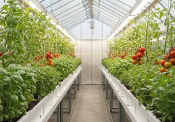 Fresh Organic Tomatoes and Basil Growing in a Modern Greenhouse Environment for Sustainable Agriculture
