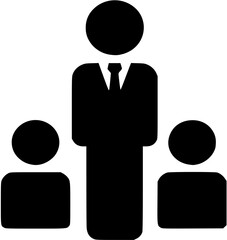 A leader stands tall in front of two individuals, represented by simple black icons.
