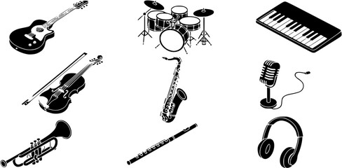 Collection of musical instruments in an isometric view.
