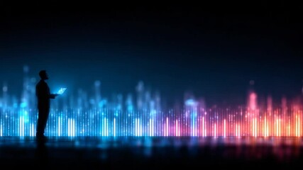 Silhouette of a man using a digital tablet with colorful data visualization background - Powered by Adobe