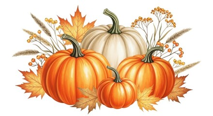 A group of pumpkins and autumn leaves isolated on white background