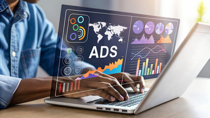 Digital advertising and marketing analytics concept. A professional analyzes an ad performance dashboard,  working on a computer